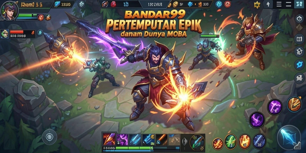 Tampilan gameplay seru dalam pertempuran MOBA yang intens.