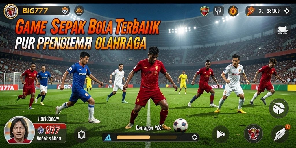 Tangkapan layar utama menunjukkan aksi seru dalam game sepak bola.