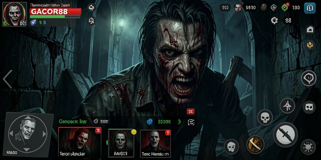 Tangkapan layar gameplay GACOR88 dengan suasana mencekam dan karakter menyeramkan.