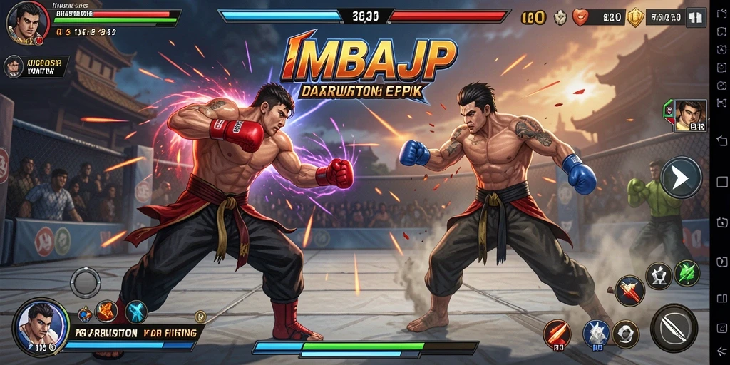 Tampilan gameplay IMBAJP menampilkan pertarungan intens yang mendebarkan.