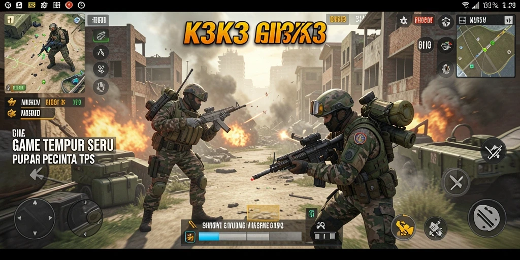 Tampilan gameplay seru dalam K3K3 dengan aksi tembak-menembak.