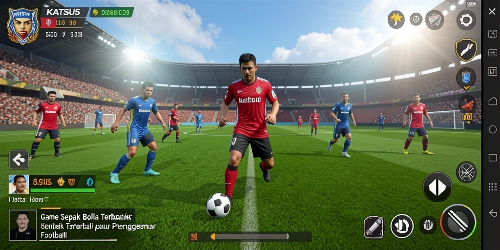 Tampilan gameplay seru dalam KATSU5 yang memperlihatkan aksi sepak bola.