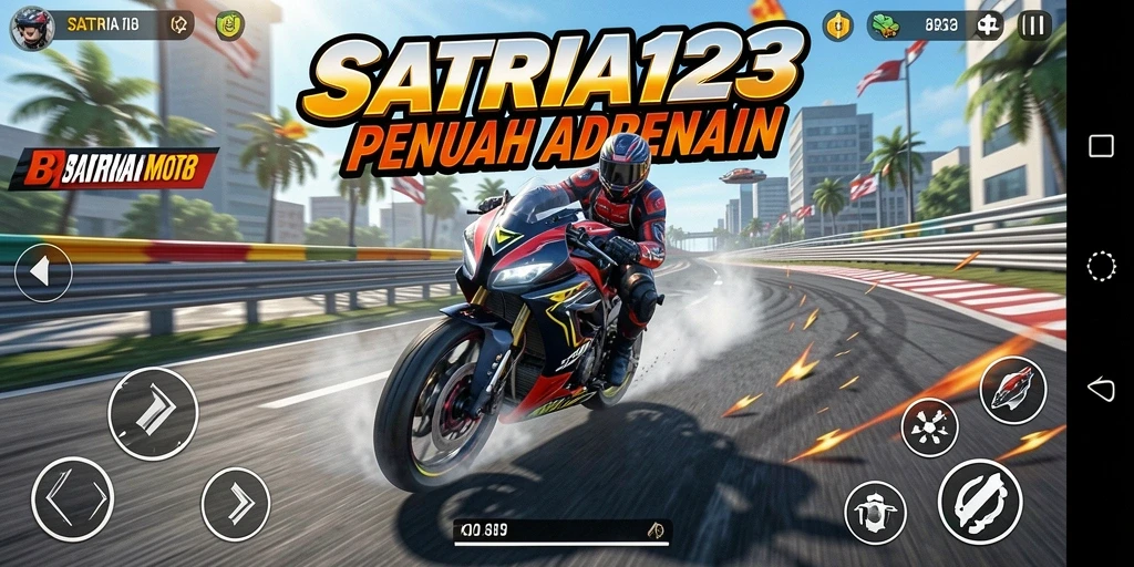 Tampilan gameplay menegangkan dari SATRIA123 dengan balapan motor yang seru.