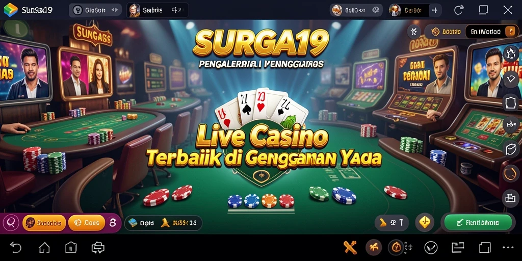 Screenshot utama SURGA19 menunjukkan dealer langsung berinteraksi dengan pemain.