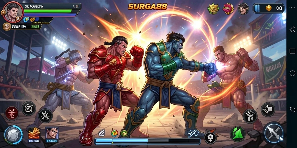 Screenshot SURGA88 menampilkan pertarungan intens dengan karakter yang kuat dan efek visual menakjubkan.