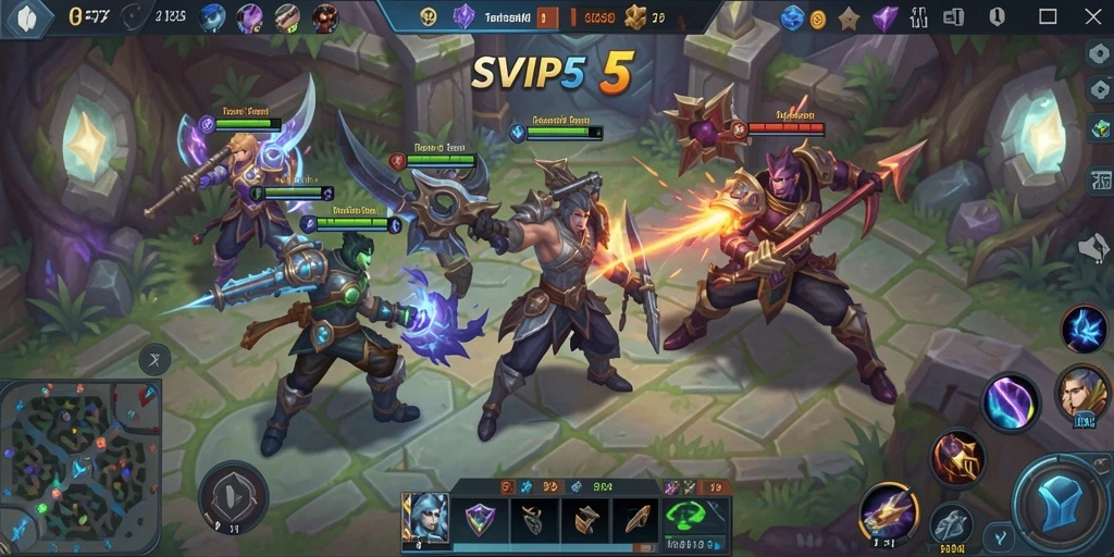 Screenshot gameplay SVIP5 menampilkan pertarungan seru antar karakter MOBA.